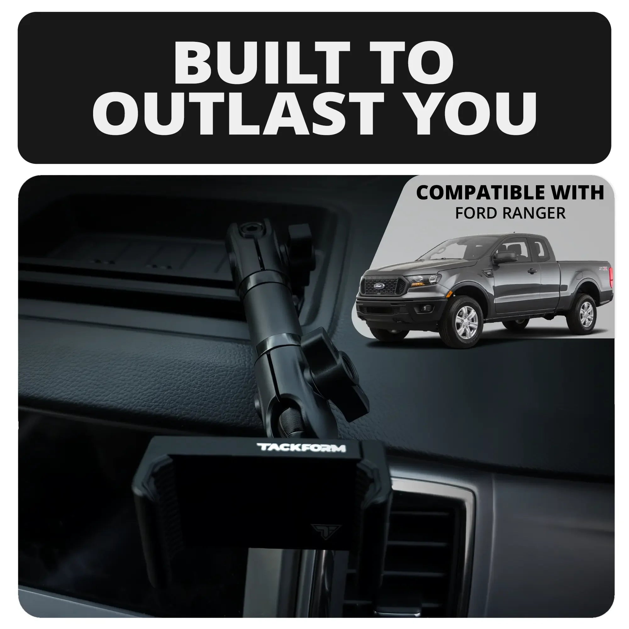 2019-2023 Ford Ranger (WITHOUT Switch Panel) Tackform Slim Track Dash Bracket With 20LITE Phone Holder & Midland Magnetic CB Radio Mic Holder