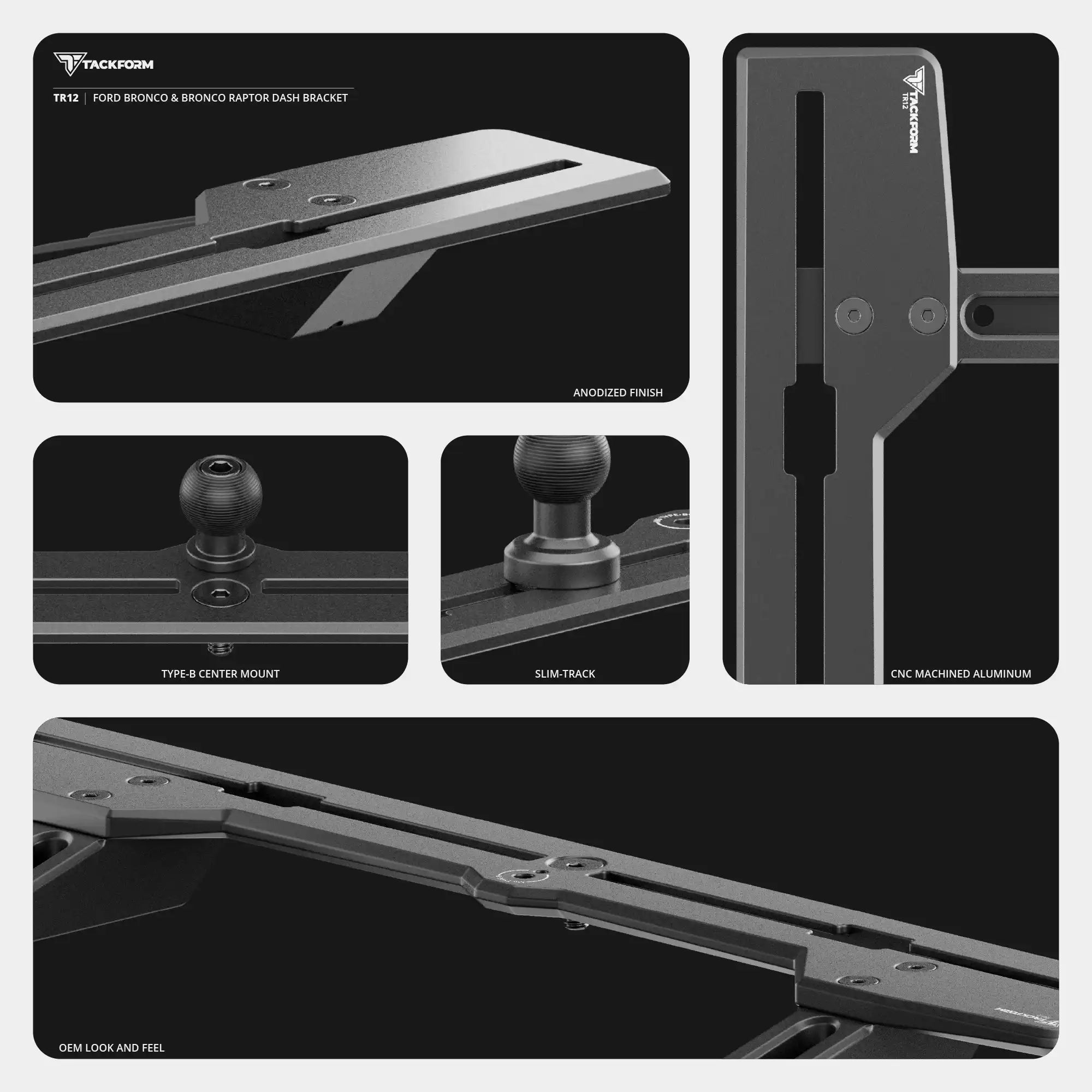 2021-2026 Ford Bronco & Bronco Raptor (Non-Sport) Tackform Slim Track Dash Bracket With 20LITE Phone Mount