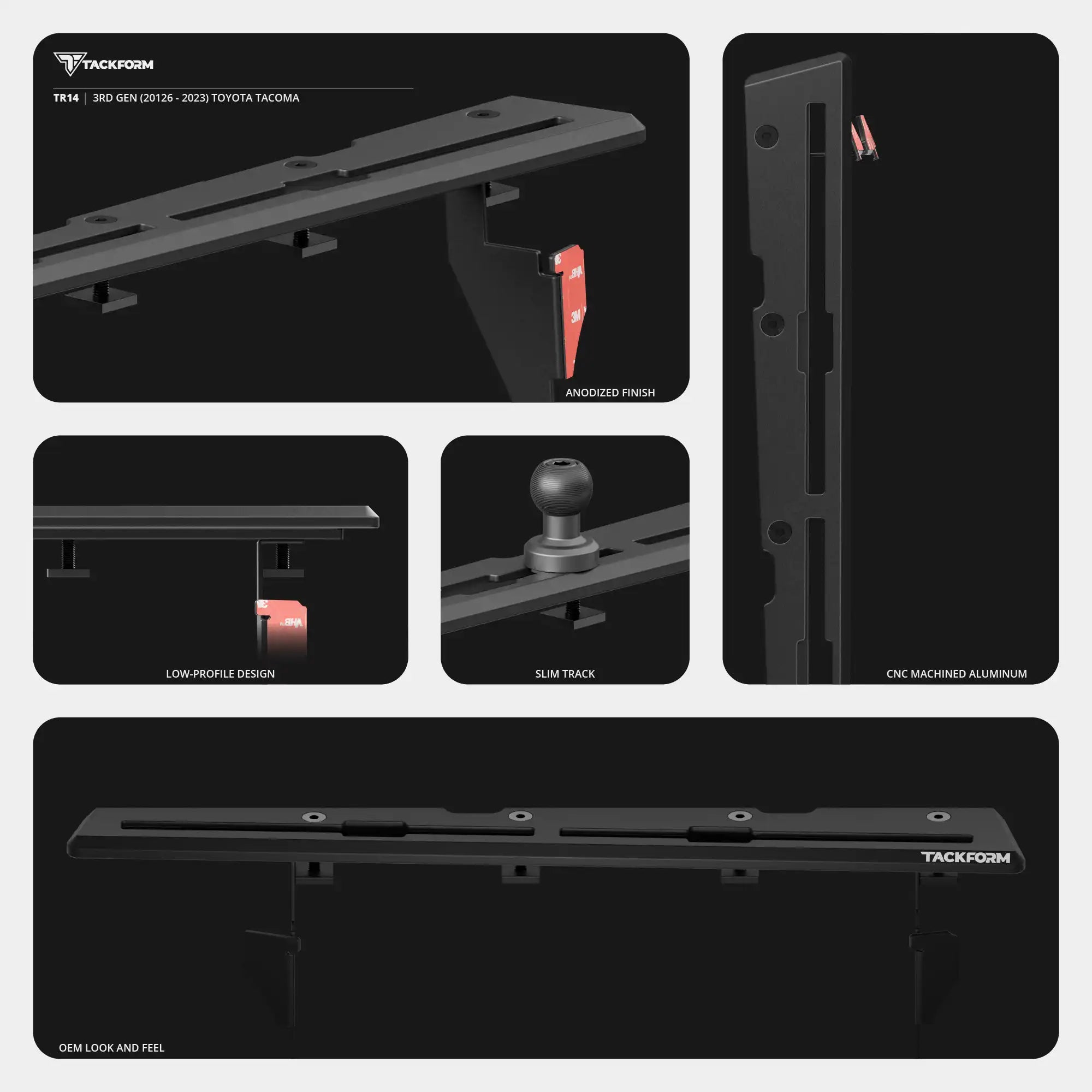 Dash Mount For 2016-2023 Toyota Tacoma Tackform Slim Track Dash Bracket With 20LITE Phone & Midland Magnetic CB Radio Mic Mounts