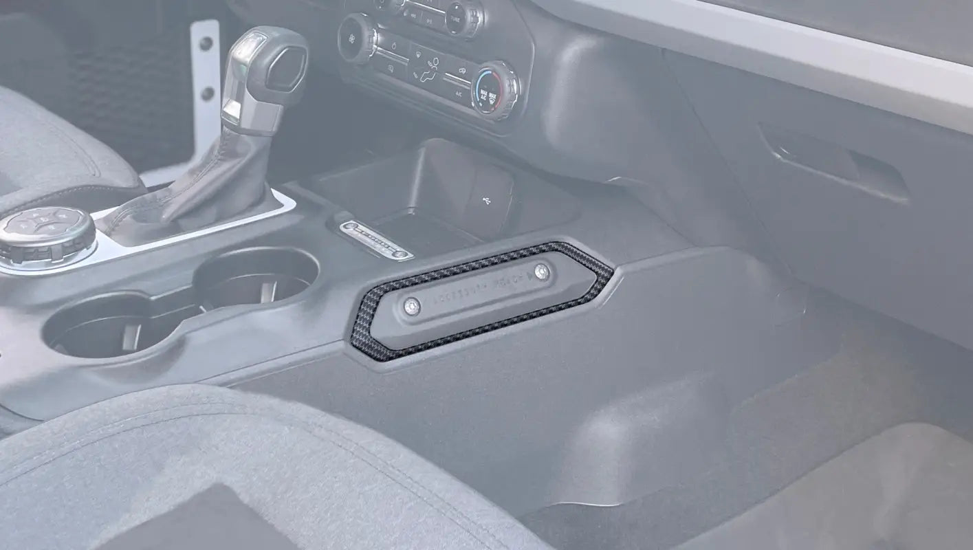 Car interior console trim with accessory accent overlay for 2021-2024 Ford Bronco