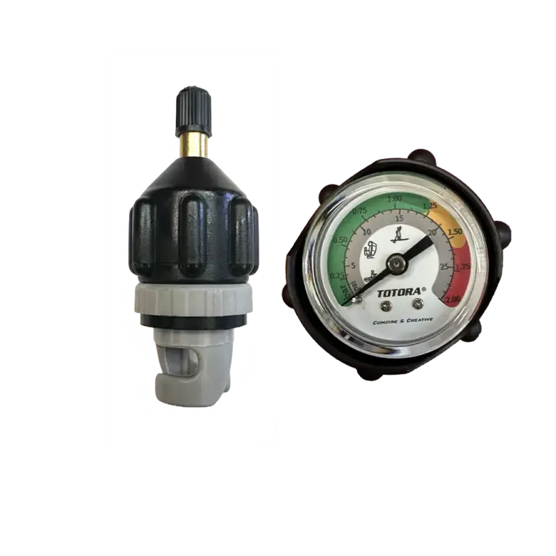Air valve adaptor with pressure gauge featuring a PSI monitor, ideal for inflating air mattresses and off-road accessories.