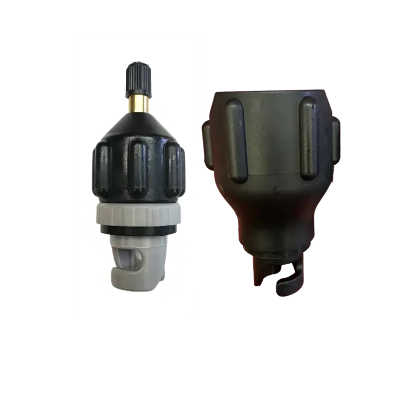 Portable air valve adaptor with a durable design, shown with a detachable cap and rear view for versatile use.