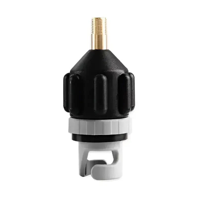 Compact air valve adaptor with a sturdy black and gray build, suitable for standard gas station hoses and pumps.