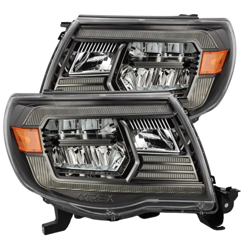 AlphaRex LUXX-Series LED crystal headlights in smoked housing for Toyota Tacoma (2005-2011), offering a sleek style and improved lighting performance.