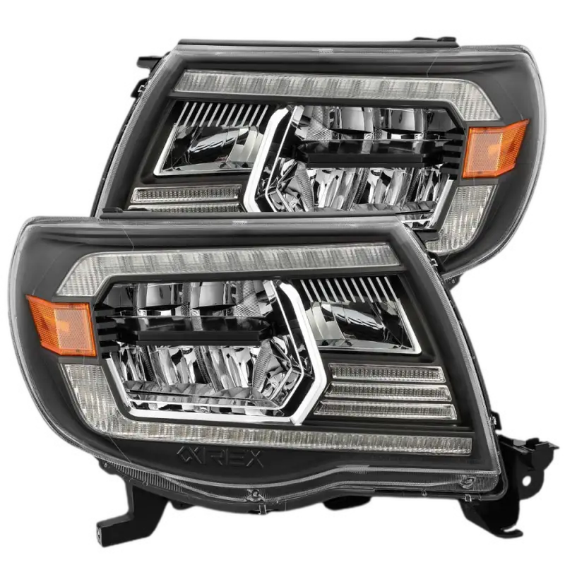 AlphaRex LUXX-Series LED crystal headlights in black housing for Toyota Tacoma (2005-2011), featuring modern design and enhanced visibility.