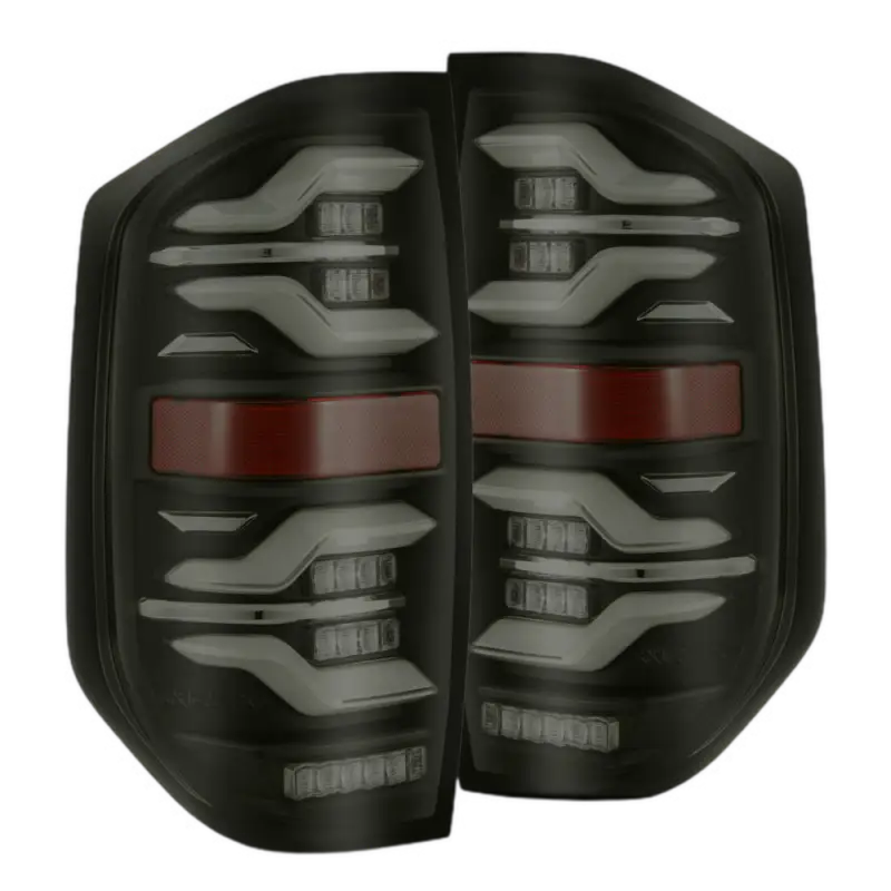 AlphaRex LUXX-Series LED tail lights for Toyota Tundra 2014-2021 featuring a black housing with white accents for a modern look and improved lighting.