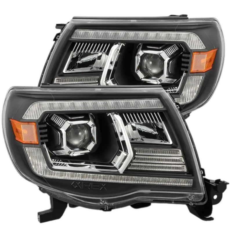 Toyota Tacoma LUXX-Series projector headlights 2005-2011 in matte black housing with amber accents, designed for improved lighting performance.