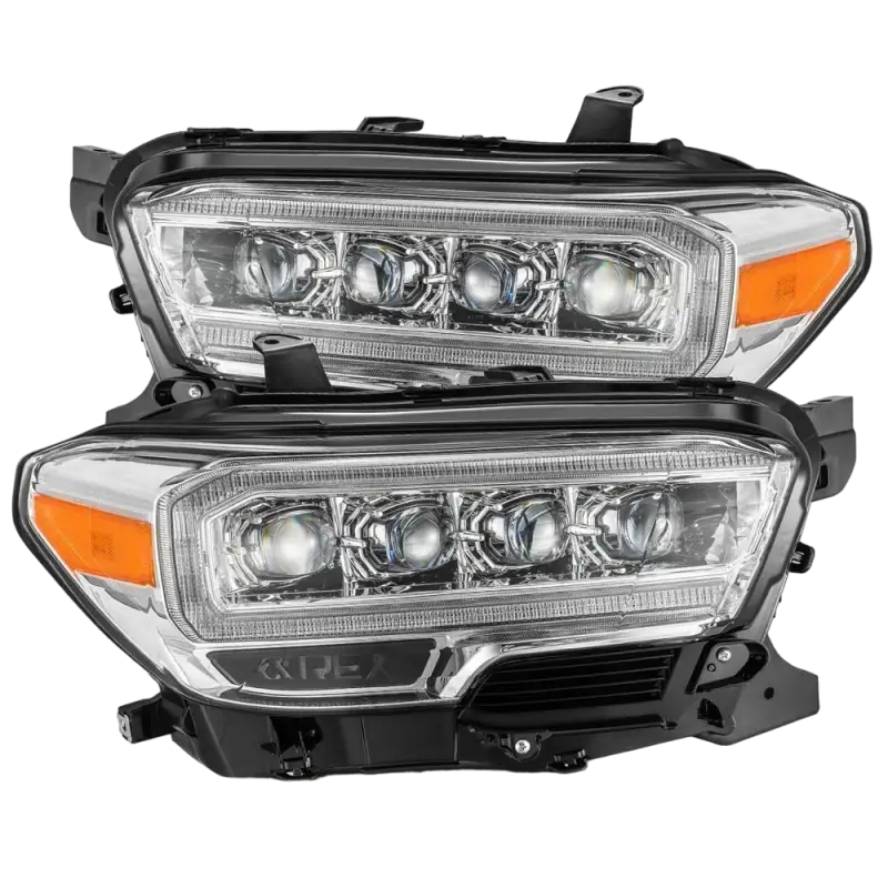 AlphaRex NOVA-Series LED projector headlights for Toyota Tacoma (2016-2023) in chrome housing with quad LED projectors and amber accents.