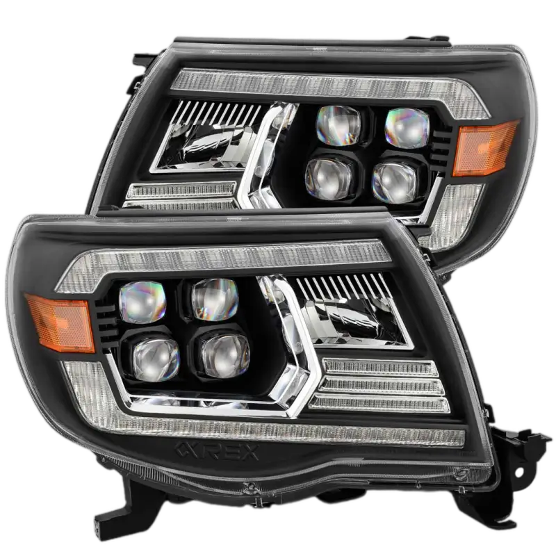 AlphaRex NOVA-Series projector headlights for Toyota Tacoma (2005-2011) featuring a sleek black housing and quad LED projectors.