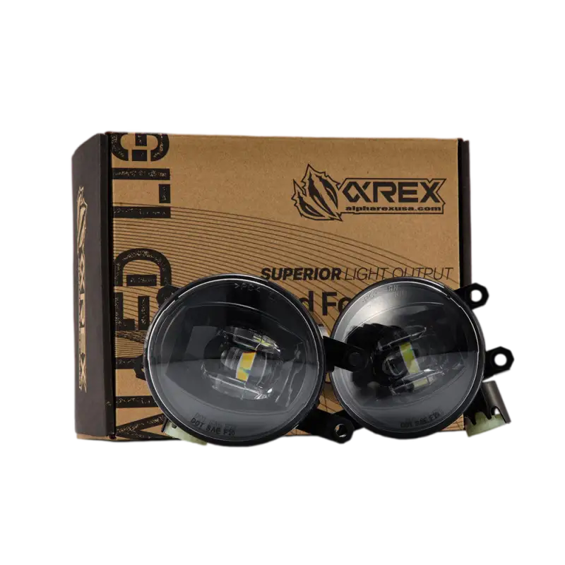 AlphaRex Universal Toyota LED fog lights with dual color projector lenses, shown with packaging for 4Runner, Tacoma, and Tundra models.