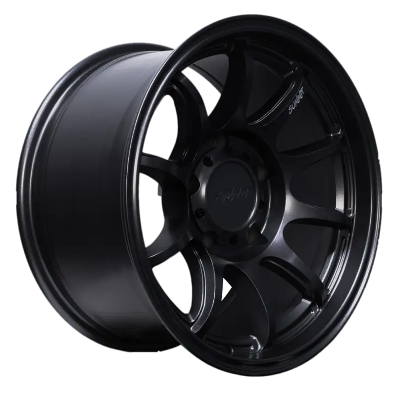 Side profile of APEX matte black wheel, 17x9.0 size, showcasing its deep lip and robust multi-spoke design for heavy-duty performance.