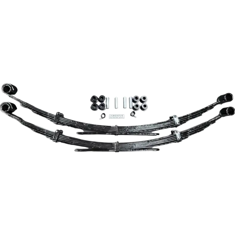 Archive Tacoma lift leaf springs in heavy-duty 5160 steel with military wrap design, compatible with 2005-2023 Tacoma models. Includes bushings and hardware for off-road suspension upgrades.