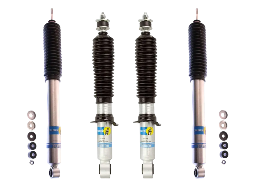 B8 5100 Monotube Adjustable Strut & Shocks Set for 1999-2006 Toyota Tundra. Includes 2 front struts, 2 rear shocks, and hardware for 4WD/RWD with 0-2 inch lift.