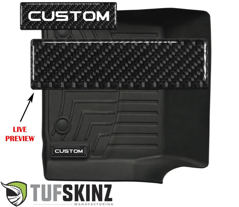 Customizable carbon fiber badge inserts for WeatherTech floor mats, offering a live preview for personalized text options.