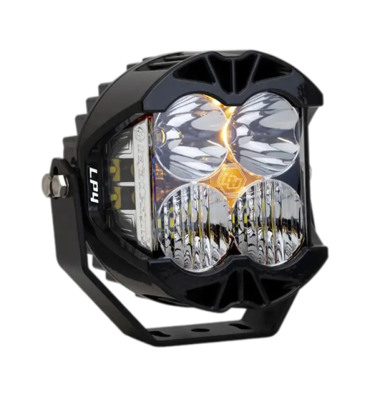Baja Designs LP4 LED Pod Light with clear lens, compact design, customizable backlight, and advanced cooling for off-road vehicles.