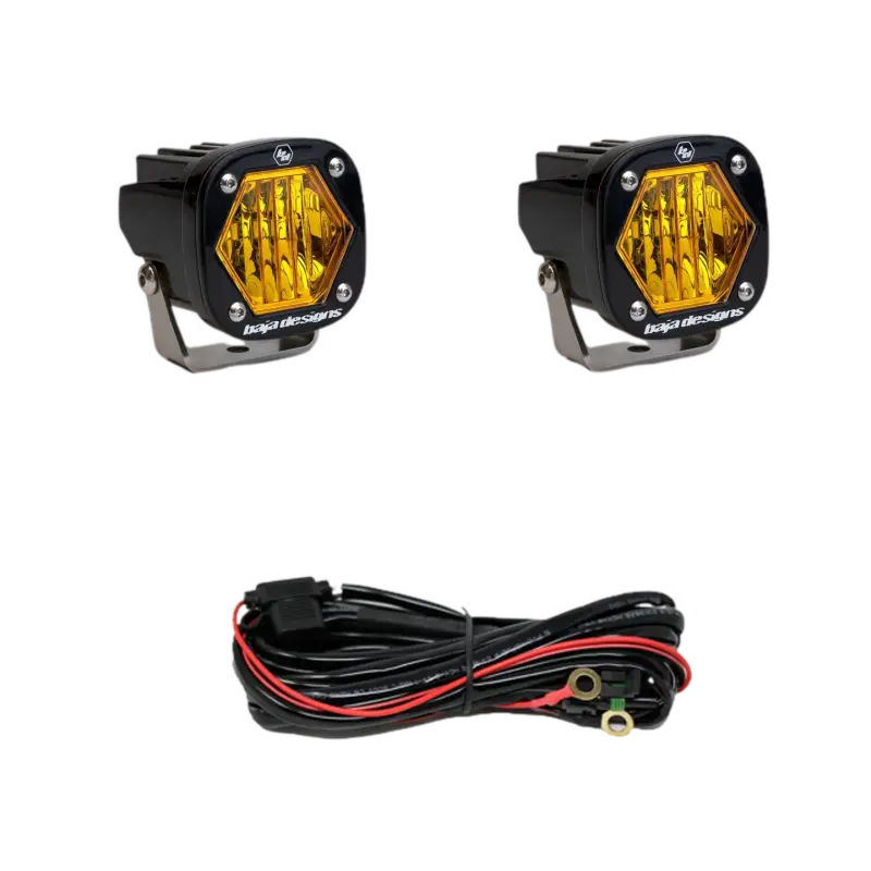Baja Designs S1 LED Pod Lights in black with amber lens, versatile and durable, includes wiring harness for offroad lighting.