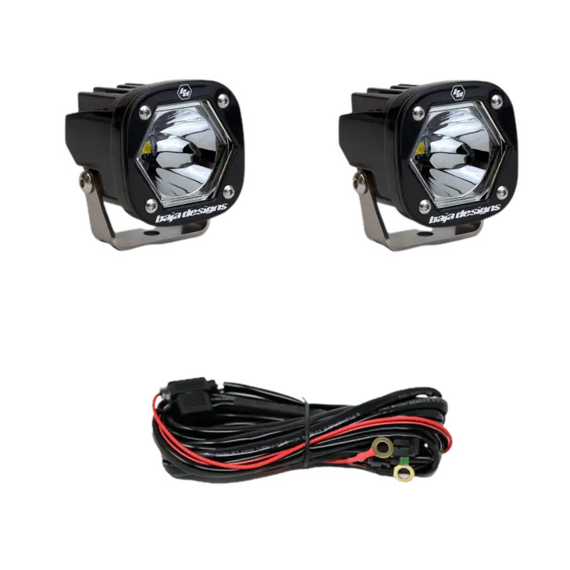 Baja Designs S1 LED Pod Lights in black with clear lens, compact and durable design, includes wiring harness for offroad lighting.