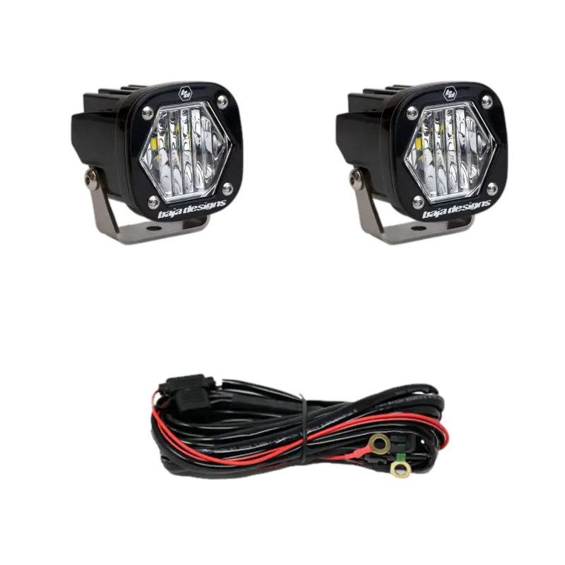 Baja Designs S1 LED Pod Lights in black with spot beam lens, compact and efficient, includes wiring harness for offroad lighting.