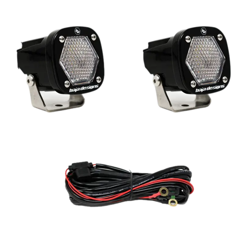 Baja Designs S1 LED Pod Lights in black with diffused lens, durable and versatile, includes wiring harness for offroad lighting.