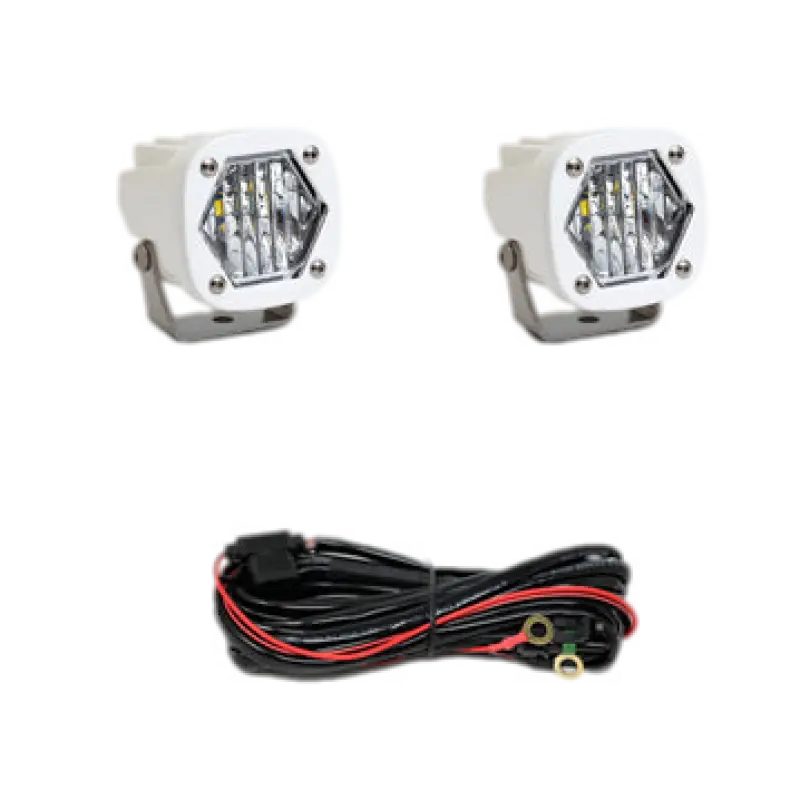 Baja Designs S1 LED Pod Lights in white with spot beam lens, compact and efficient, includes wiring harness for offroad lighting.
