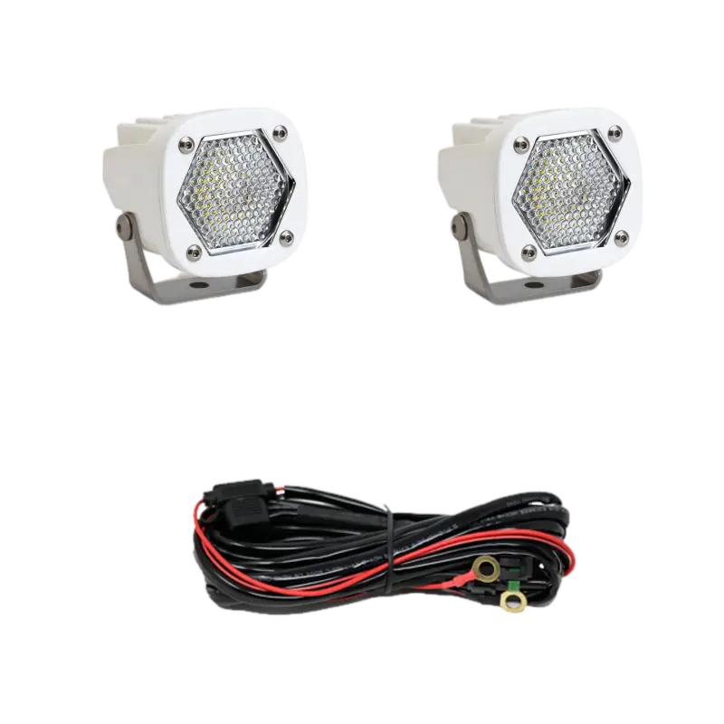 Baja Designs S1 LED Pod Lights in white with diffused lens, versatile and durable, includes wiring harness for offroad lighting.