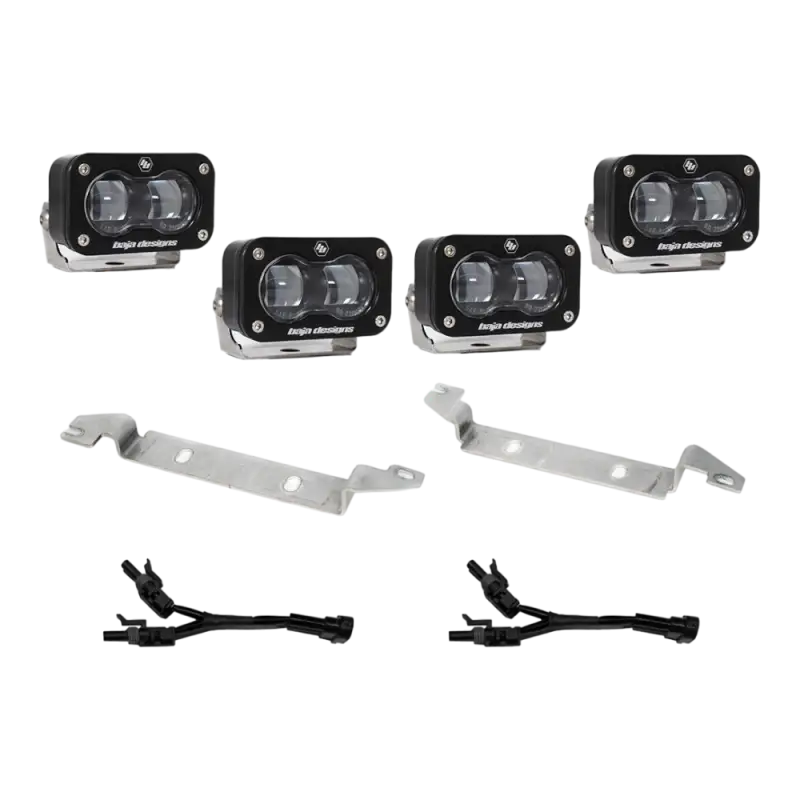 Baja Designs S2 SAE fog light kit for 2024 Toyota Tacoma with clear lenses, mounting brackets, and wiring harness.