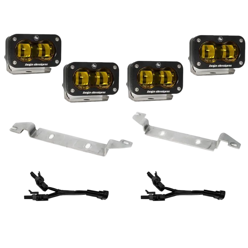 Baja Designs S2 SAE fog light kit for 2024 Toyota Tacoma featuring amber lenses, mounting brackets, and wiring harness.