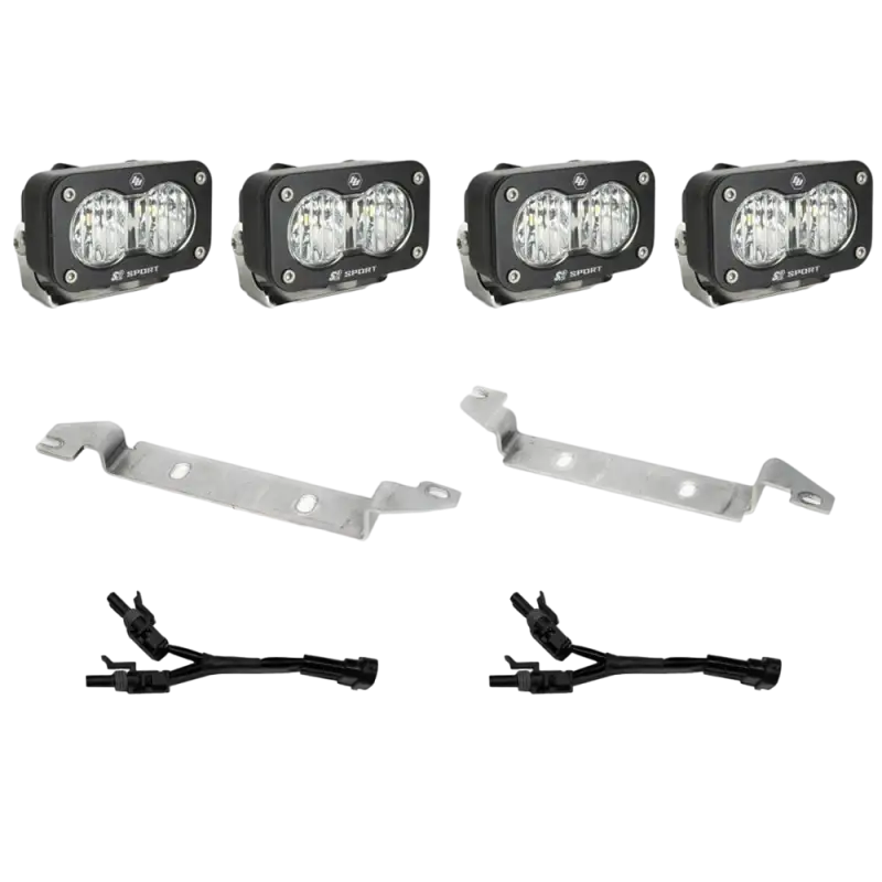 Baja Designs S2 Sport Dual Fog Pocket Clear Light Kit for 2024+ Toyota Tacoma. Includes 4 S2 Sport LED lights, mounting brackets, and wiring harness for OEM fit.