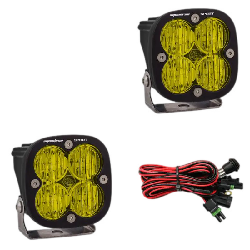 Yellow LED off-road lights with wiring harness for Baja Designs Squadron Sport LED Lights, ideal for driving combo lighting zone pod lights