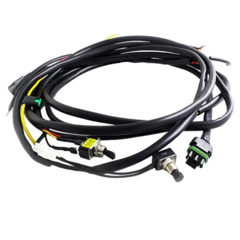 Black wiring harness with toggles and connectors for Baja Designs XL/OnX6 Hi/Low wiring harness