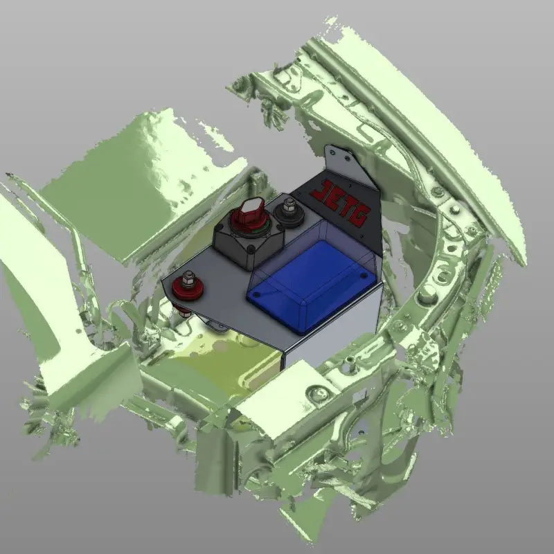 3D rendering of the JETG Designs battery relocate kit installed in a Toyota Tacoma, showing bracket and battery placement.