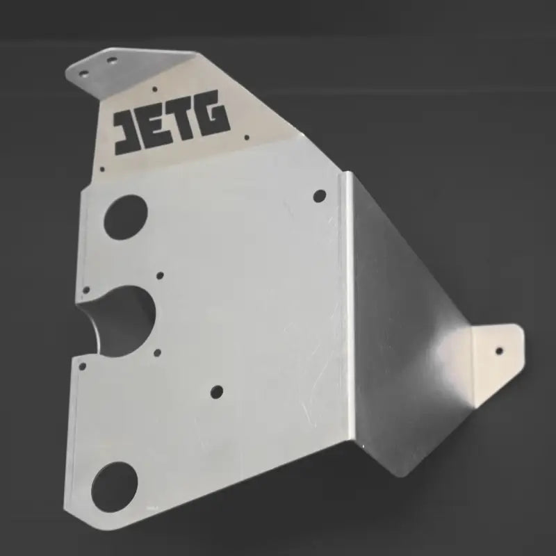 Aluminum mounting bracket with JETG logo, part of the Toyota Tacoma 2005-2023 battery relocate kit.