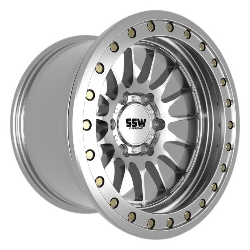 Side profile of BEADLOCK DAKAR 17X9.0 -25 machined silver wheel, showcasing its deep lip, beadlock ring, and rugged off-road construction. Perfect for all-terrain use.
