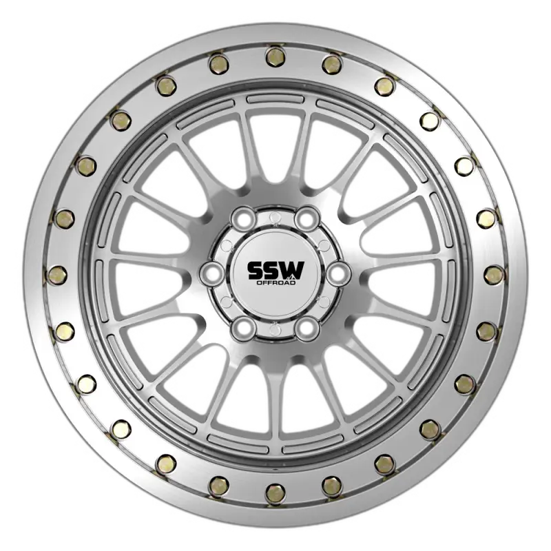 BEADLOCK DAKAR 17X9.0 -25 machined silver wheel with a bold off-road design, featuring a beadlock ring and multi-spoke pattern. Ideal for off-road vehicles like 4Runner, Tacoma, and Tundra.