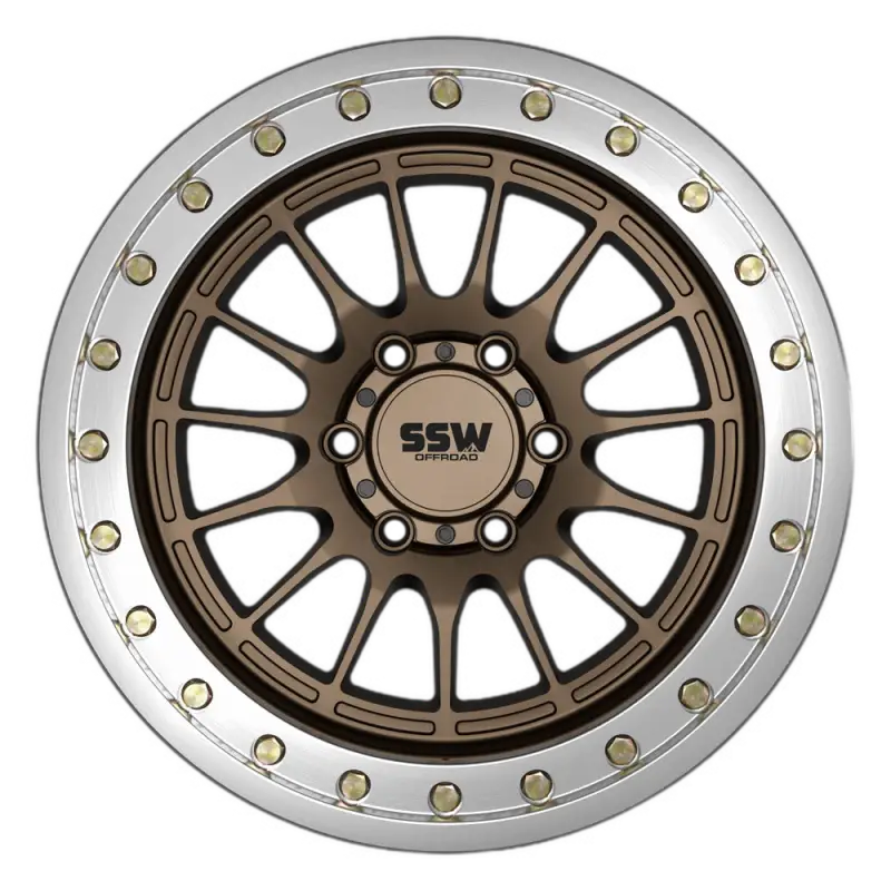 BEADLOCK DAKAR wheel in matte bronze finish, 17x9.0 size with -25 offset, featuring a robust off-road design and silver beadlock rim.
