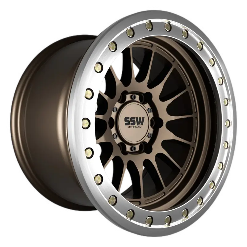 Side view of BEADLOCK DAKAR matte bronze wheel, 17x9.0 size, showcasing its durable off-road construction and silver beadlock accents.