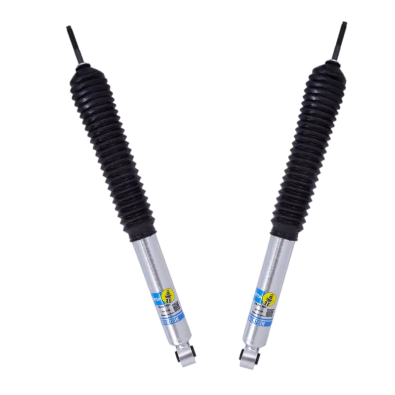 Bilstein 5100 Series Rear Shocks for 2007-2021 Toyota Tundra, designed for 0-2 inch lift, featuring monotube construction and durable black boots.
