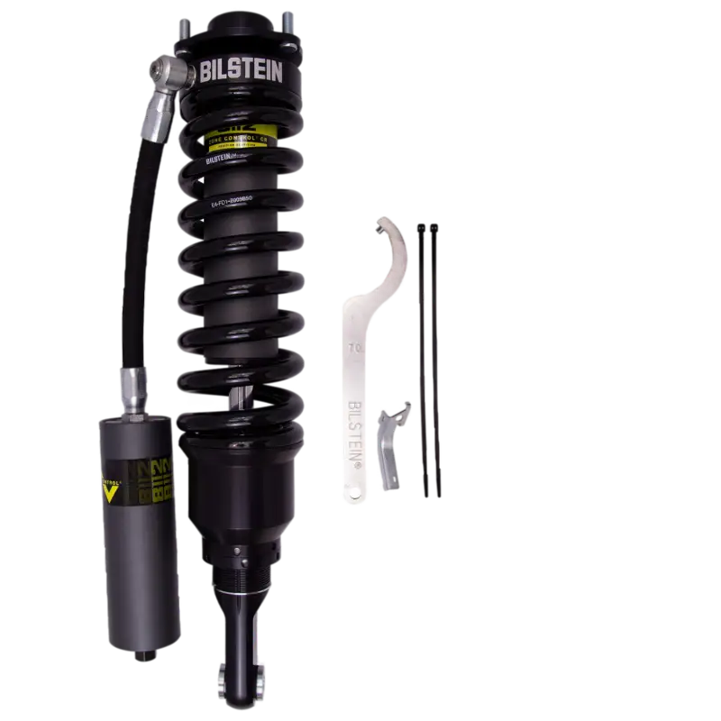 Bilstein B8 8112 ZoneControl CR front left shock for 2016+ Toyota Tacoma with position sensitive damping, adjustable height, and remote reservoir.