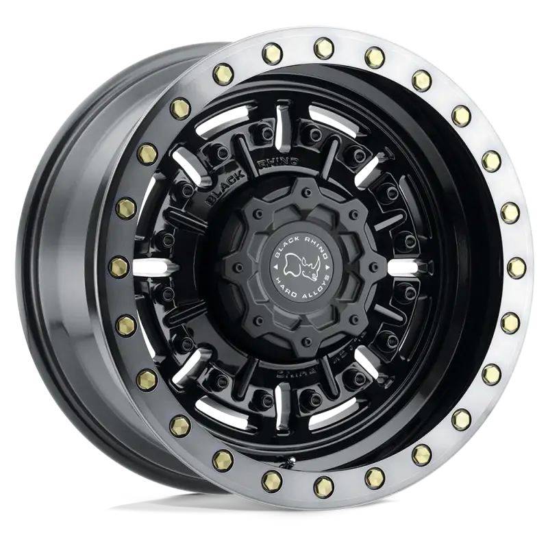 Black Rhino Abrams off-road truck wheel in gloss black with a polished lip and rugged design, perfect for heavy-duty vehicles.