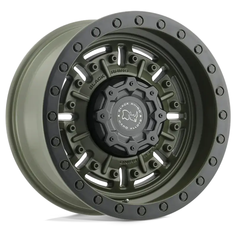 Black Rhino Abrams off-road truck wheel in olive green with a deep lip design and rugged construction, ideal for heavy-duty vehicles.