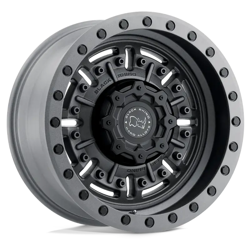 Black Rhino Abrams off-road truck wheel in matte gunmetal gray with a deep lip and heavy-duty construction for rugged terrains.