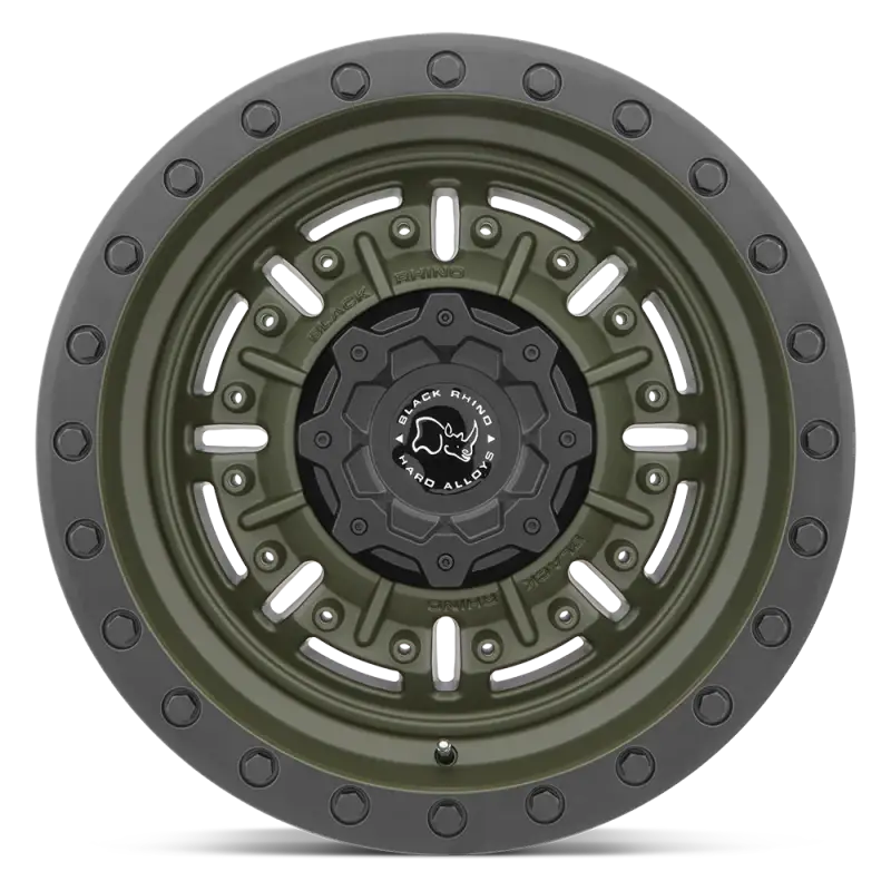 Front view of Black Rhino Abrams olive green wheel showcasing its rugged design, deep lip, and durable build for off-road trucks.