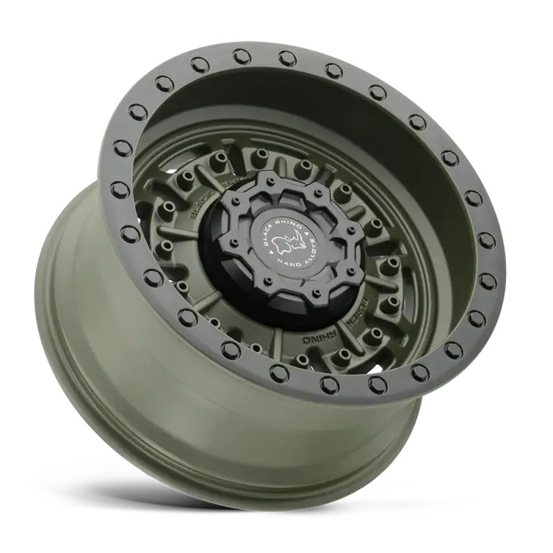 Olive green Black Rhino Abrams wheel featuring a robust multi-spoke design and beadlock-style accents for off-road performance.