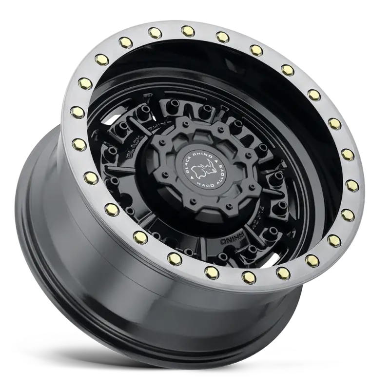 Gloss black Black Rhino Abrams wheel featuring a polished lip, beadlock-style accents, and a deep lip design for off-road performance.