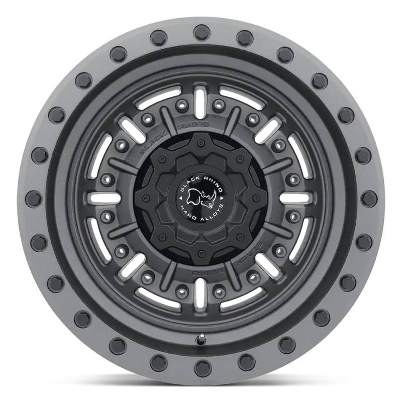 Front view of Black Rhino Abrams gunmetal gray wheel highlighting its durable construction and deep lip design for off-road use.