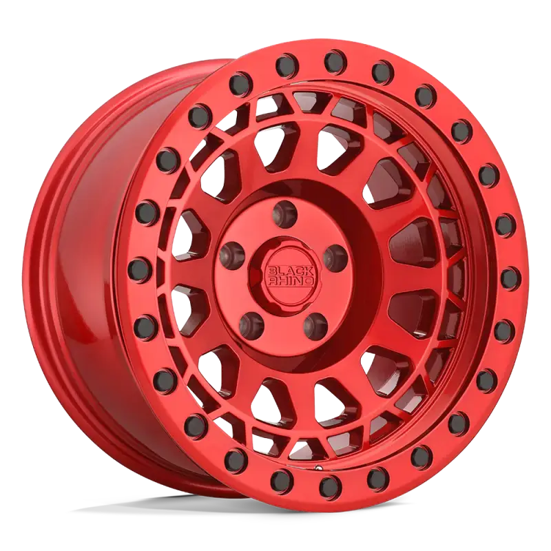 Black Rhino PRIMM wheel in gloss red finish with black rivets, designed with a concave multi-spoke pattern for off-road trucks and SUVs.
