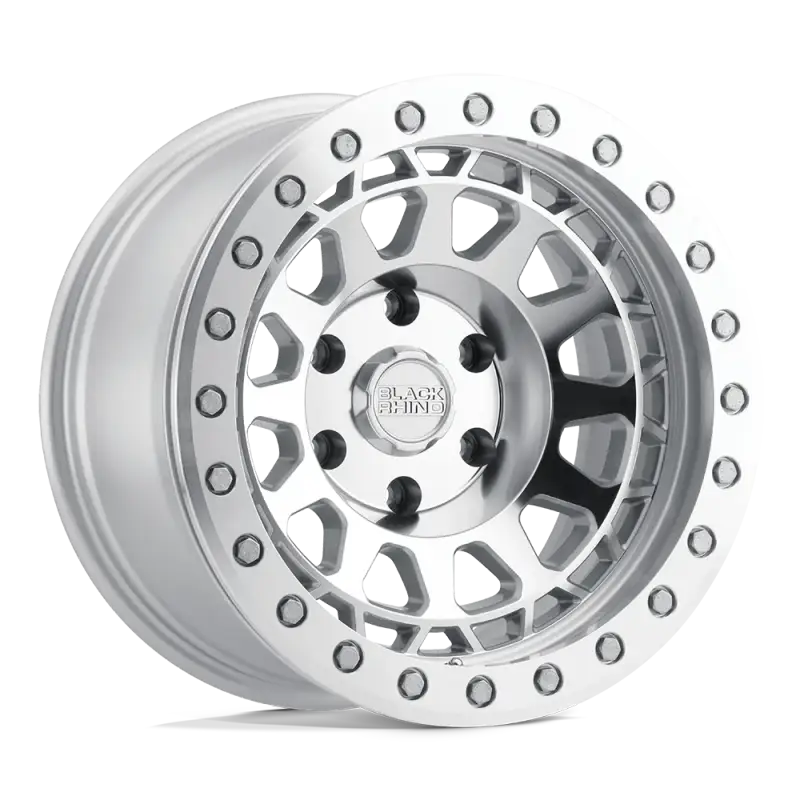 Black Rhino PRIMM wheel in silver finish with silver rivets, featuring a concave multi-spoke design for off-road and street-legal vehicles.