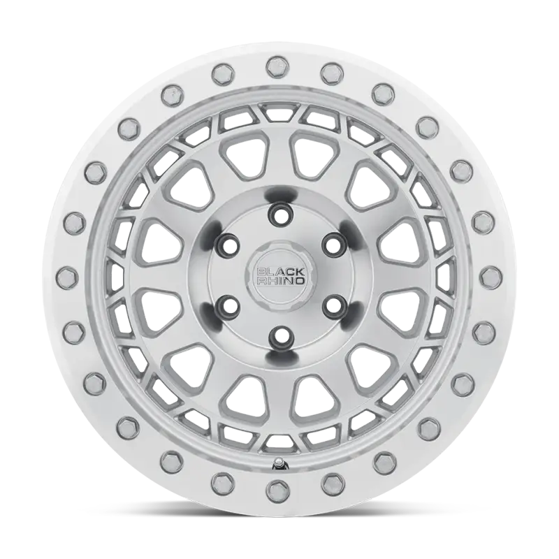 Front view of Black Rhino PRIMM silver wheel with silver rivets, showcasing its clean and modern multi-spoke design for off-road vehicles.