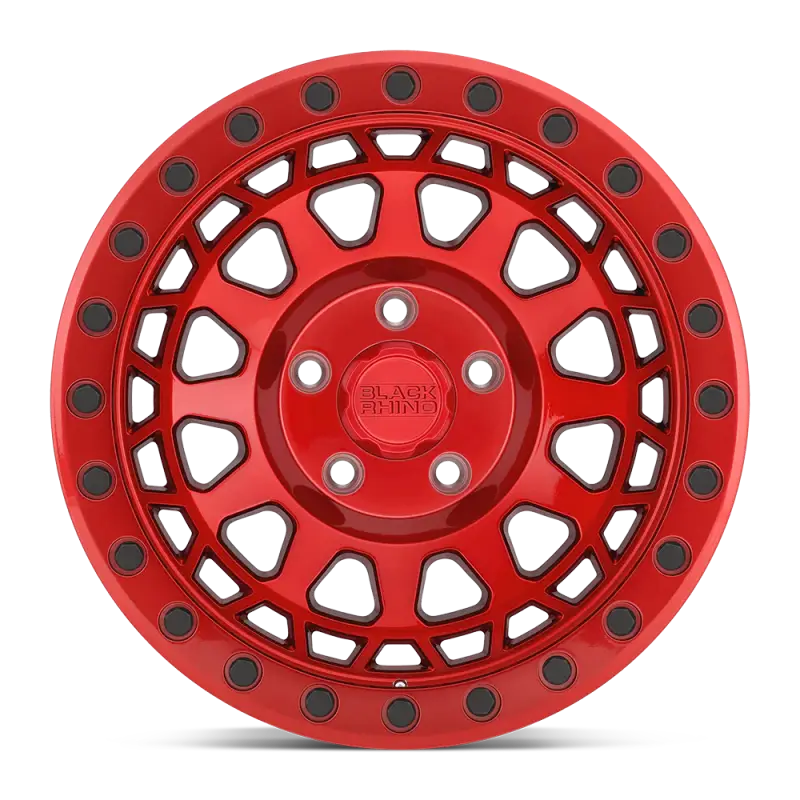 Front view of Black Rhino PRIMM gloss red wheel with black rivets, emphasizing its bold multi-spoke design for trucks and SUVs.