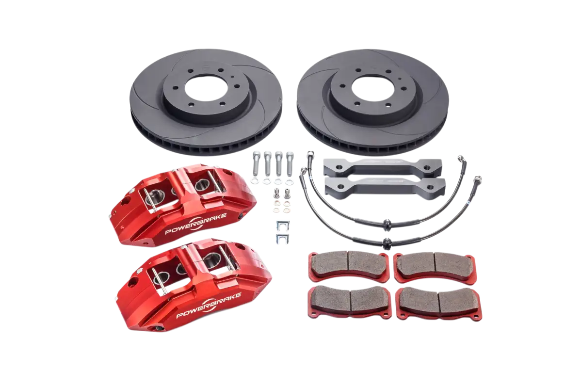 Top view of 4Runner Big Brake Kit 03-09 featuring red 6-piston calipers, 13.7-inch rotors, brake pads, and installation components.